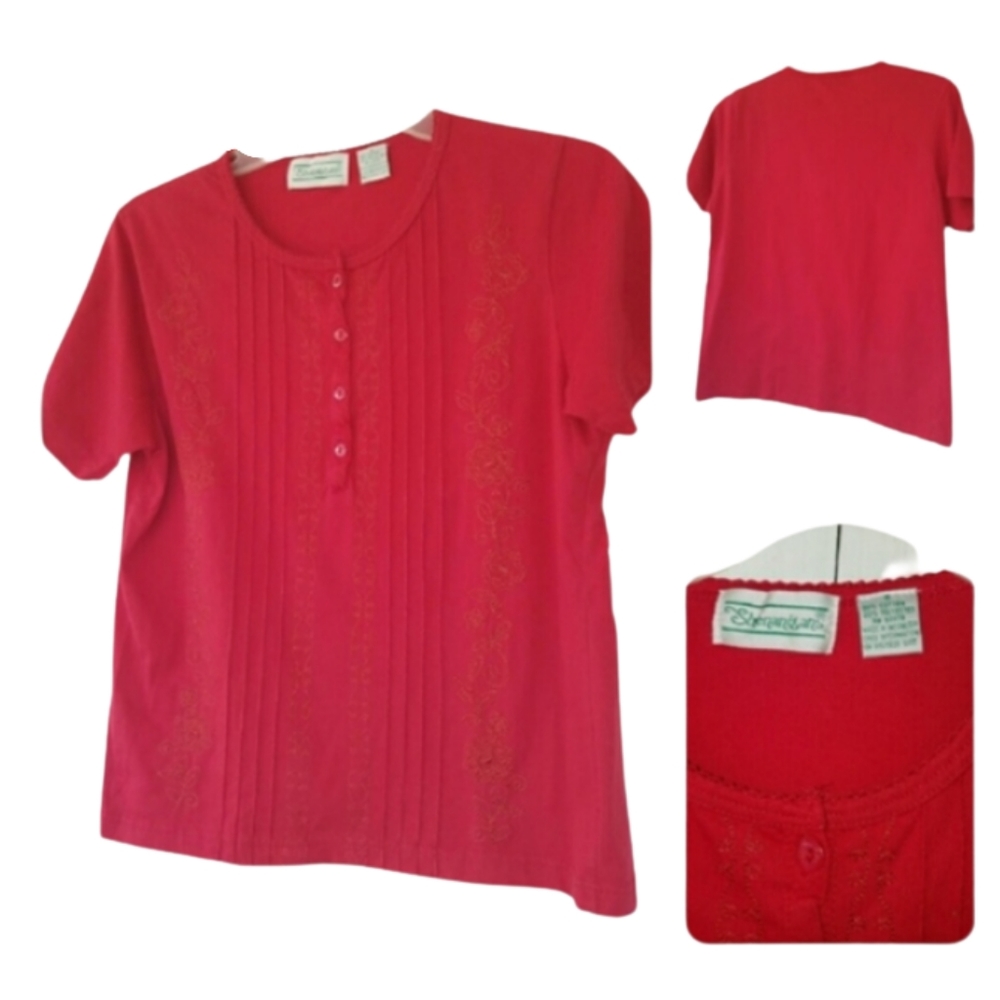 C) Shenanigans Women’s Red Embroidered Short Sleeve Button Front Top |Size Small